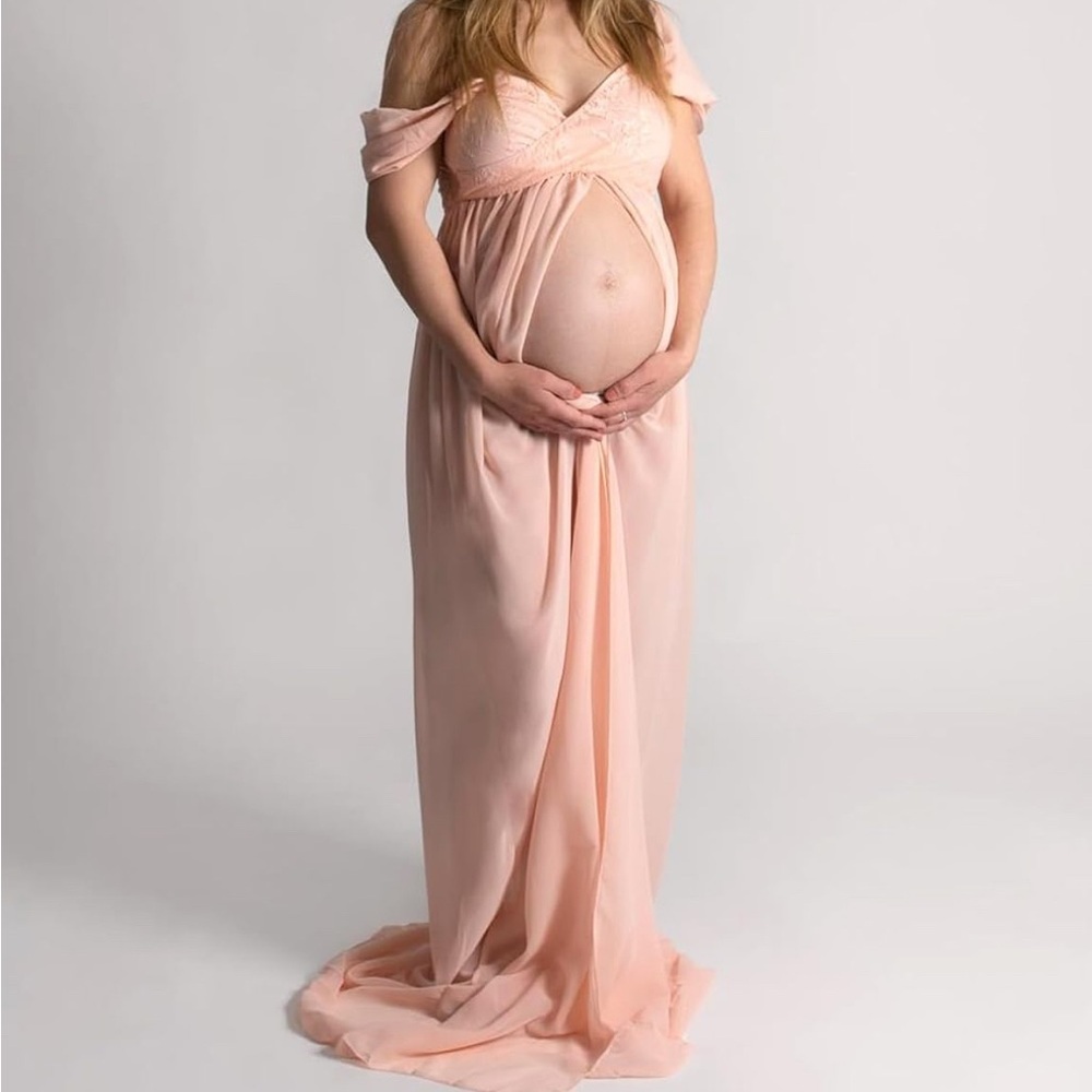Peach Pink Off Shoulder Chiffon Maternity Gown Dress S Small - Picture 2 of 10